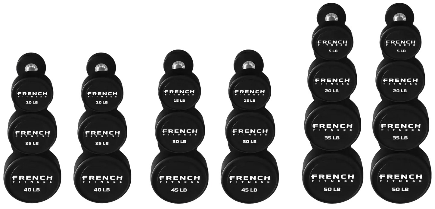 French Fitness Urethane Round Pro Style Dumbbell V2 Set, 5-50 lbs (New) Image