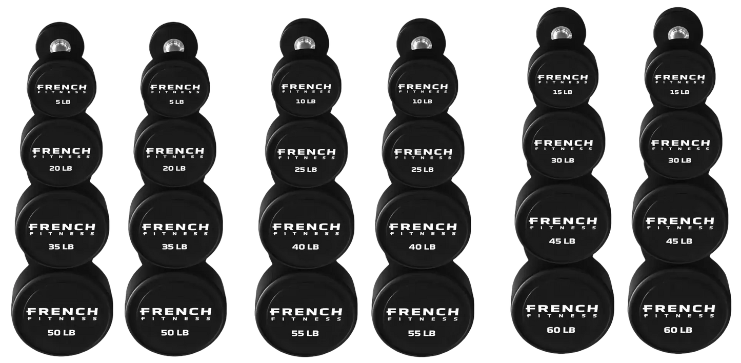 French Fitness Urethane Round Pro Style Dumbbell V2 Set, 5-60 lbs (New) Image