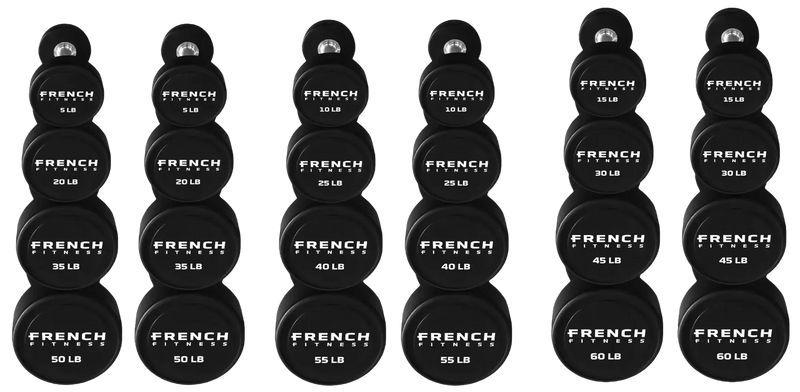 French Fitness Urethane Round Pro Style Dumbbell V2 Set, 5-60 lbs (New) Image