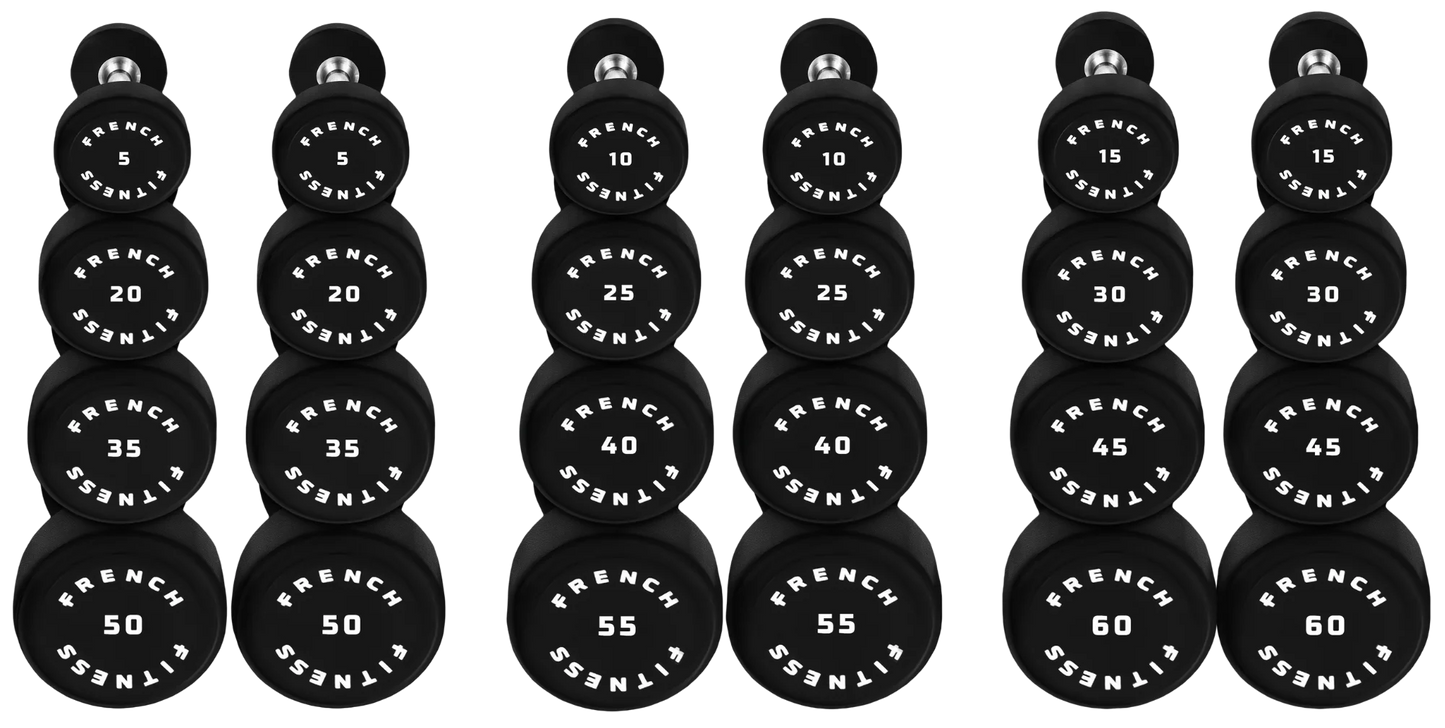 French Fitness Urethane Round Pro Style Dumbbell Set, 5-60 lbs (New)