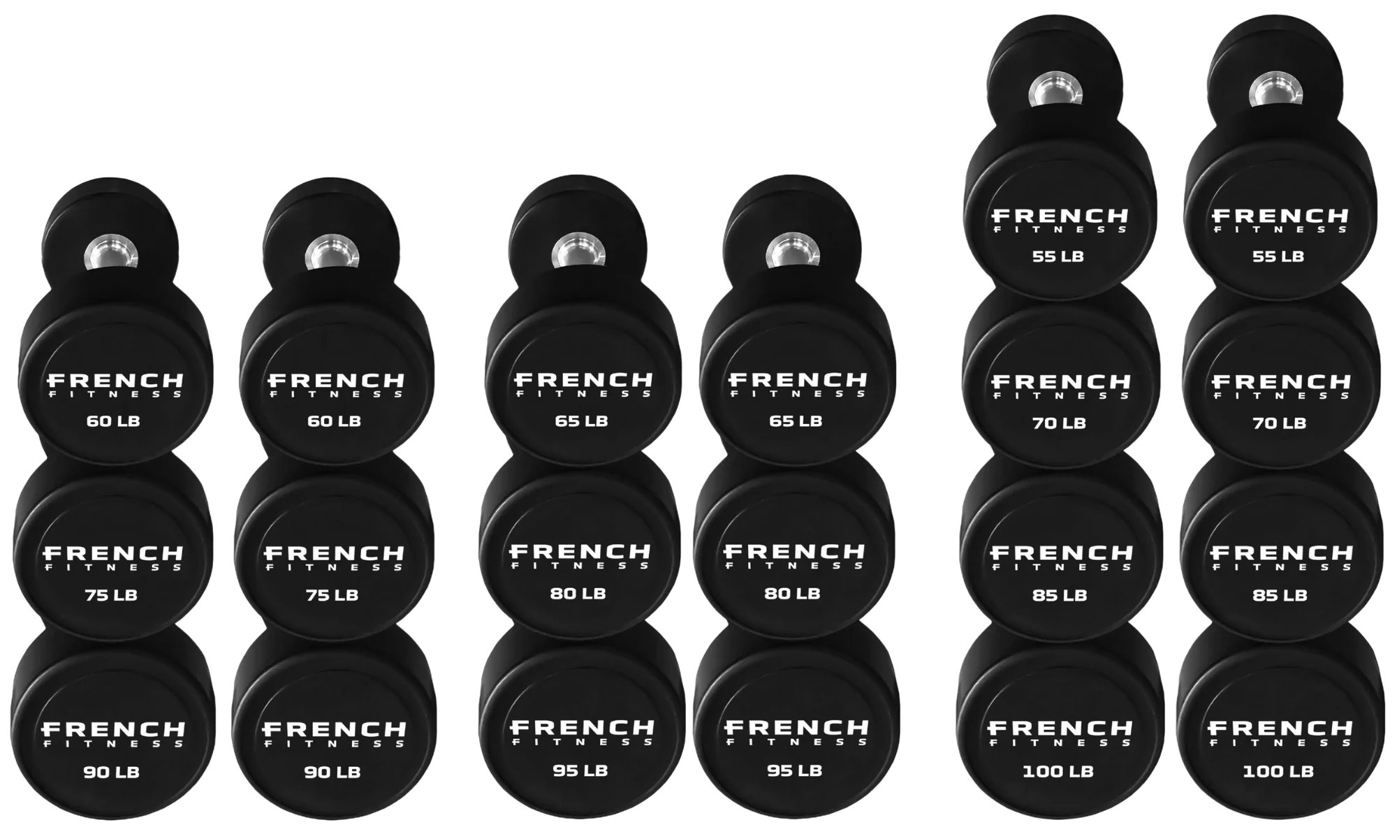 French Fitness Urethane Round Pro Style Dumbbell V2 Set, 55-100 lbs (New)