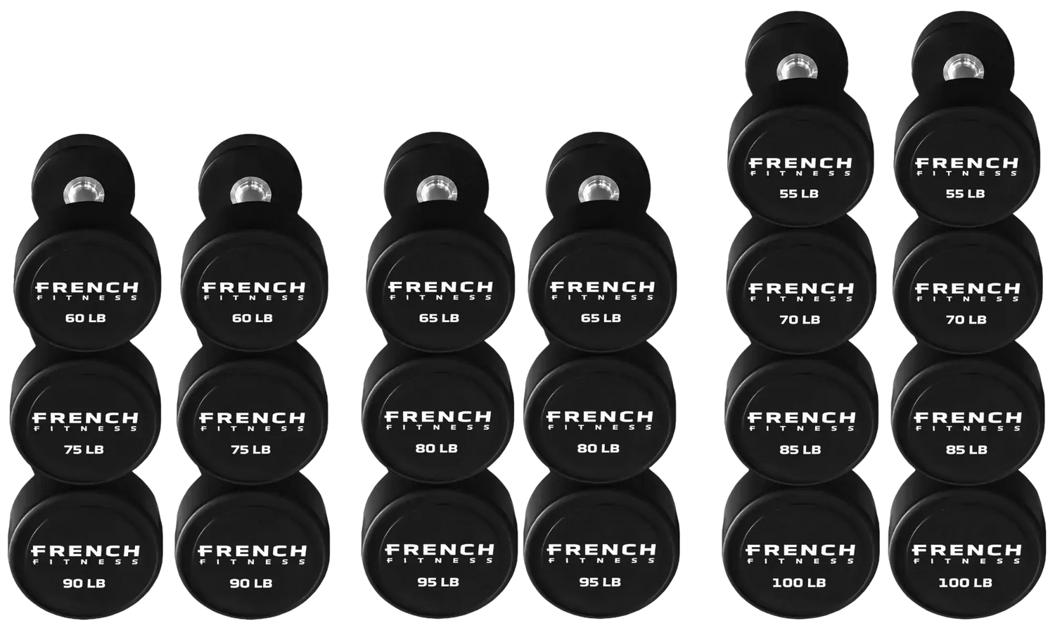 French Fitness Urethane Round Pro Style Dumbbell V2 Set, 55-100 lbs (New) Image