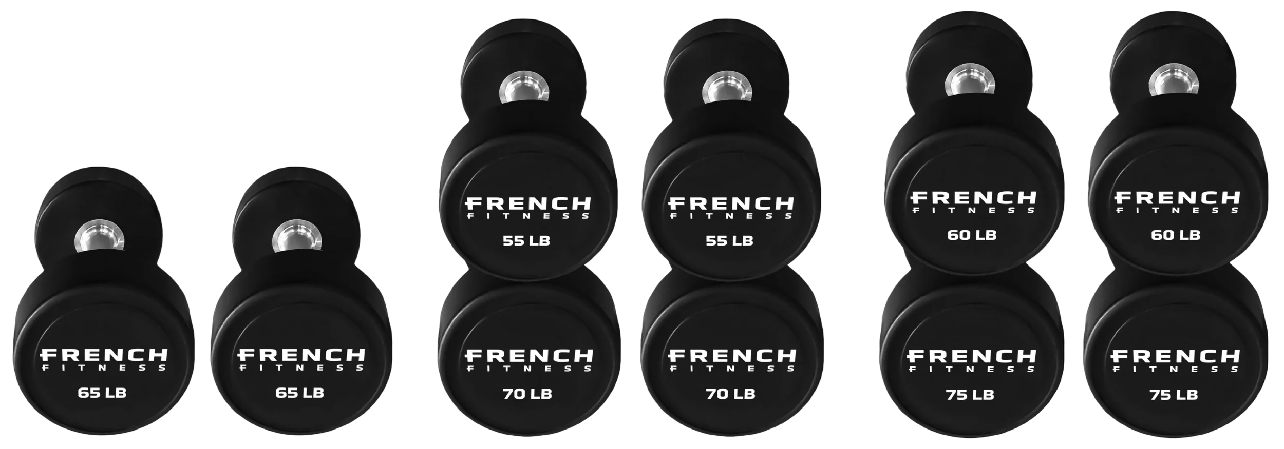 French Fitness Urethane Round Pro Style Dumbbell V2 Set, 55-75 lbs (New)
