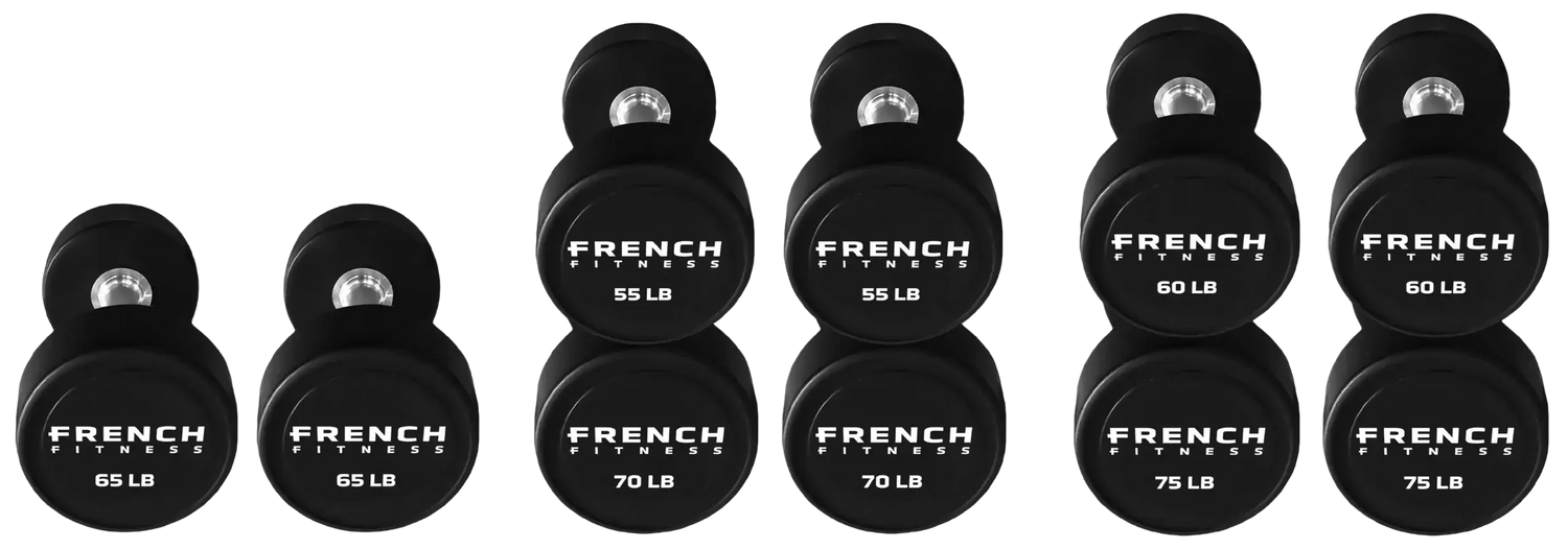 French Fitness Urethane Round Pro Style Dumbbell V2 Set, 55-75 lbs (New) Image