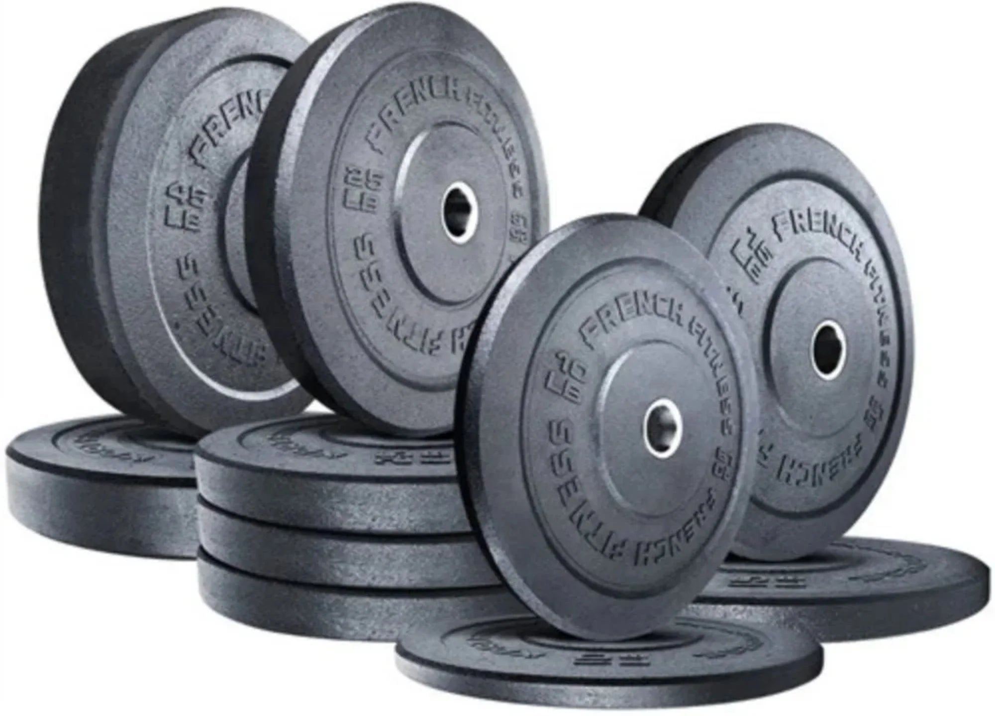 French Fitness  Olympic Bumper Plates Set w/7 ft Olympic Bar 285 lbs - Crumb Rubber (New)