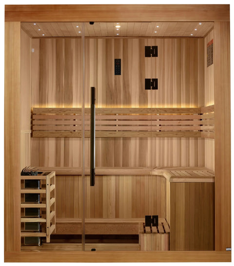 Golden Designs GDI-7389-02 Copenhagen Edition 3 Person Traditional Steam Sauna - Canadian Red Cedar Interior and Pacific Premium Clear Cedar Exterior (New)