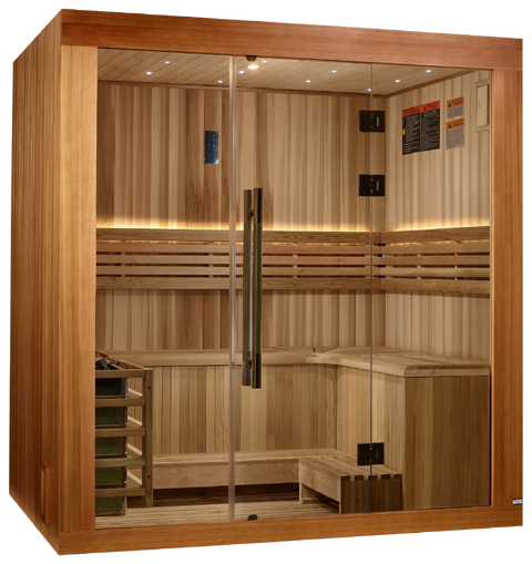Golden Designs GDI-7389-02 Copenhagen Edition 3 Person Traditional Steam Sauna - Canadian Red Cedar Interior and Pacific Premium Clear Cedar Exterior (New)