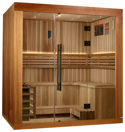 Golden Designs GDI-7389-02 Copenhagen Edition 3 Person Traditional Steam Sauna - Canadian Red Cedar Interior and Pacific Premium Clear Cedar Exterior (New)