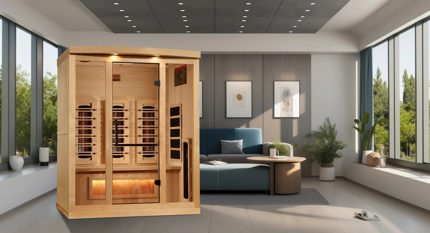 GDI-8030-03 3-Person Full Spectrum PureTech Near Zero EMF FAR Infrared Sauna with Himalayan Salt Bar GoldenDesigns - Angled VIew
