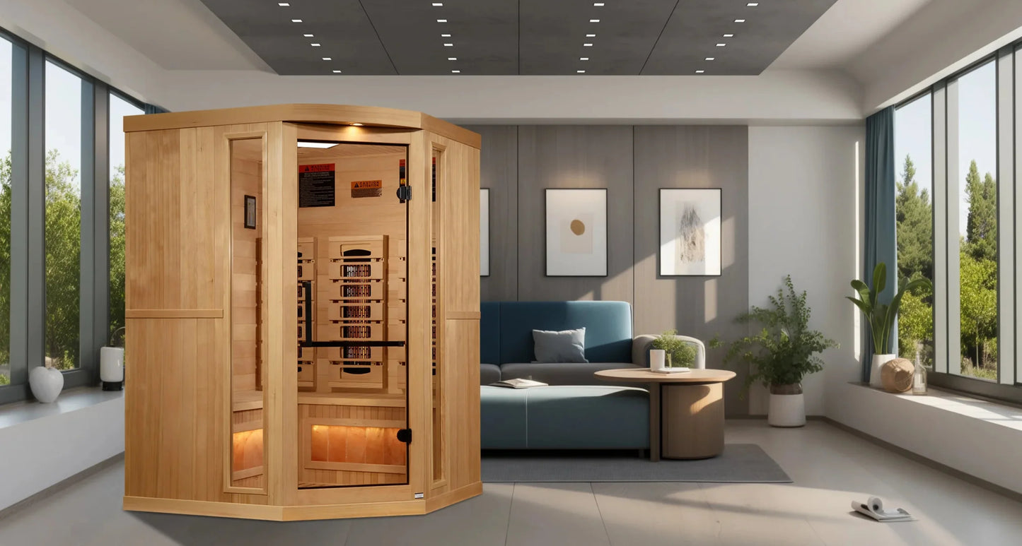 Golden Designs GDI-8035-03 3-Person Corner Full Spectrum PureTech Near Zero EMF FAR Infrared Sauna with Himalayan Salt Bar (New)