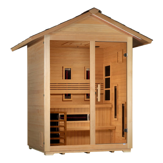 Golden Designs GDI-8123-01 Carinthia 3 Person Hybrid (PureTech Full Spectrum IR or Traditional Stove) Outdoor Sauna - Canadian Hemlock (New)