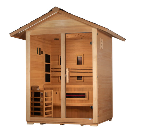 Golden Designs GDI-8123-01 Carinthia 3 Person Hybrid (PureTech Full Spectrum IR or Traditional Stove) Outdoor Sauna - Canadian Hemlock (New)