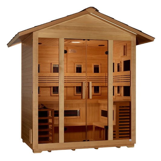 GoldenDesigns GDI-8125-01 Gargellen 5 Person Hybrid (PureTech Full Spectrum IR or Traditional Stove) Outdoor Sauna - Canadian Hemlock (New)