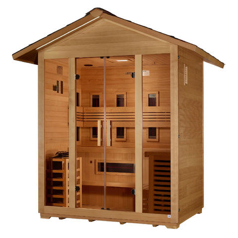 GoldenDesigns GDI-8125-01 Gargellen 5 Person Hybrid (PureTech Full Spectrum IR or Traditional Stove) Outdoor Sauna - Canadian Hemlock (New)