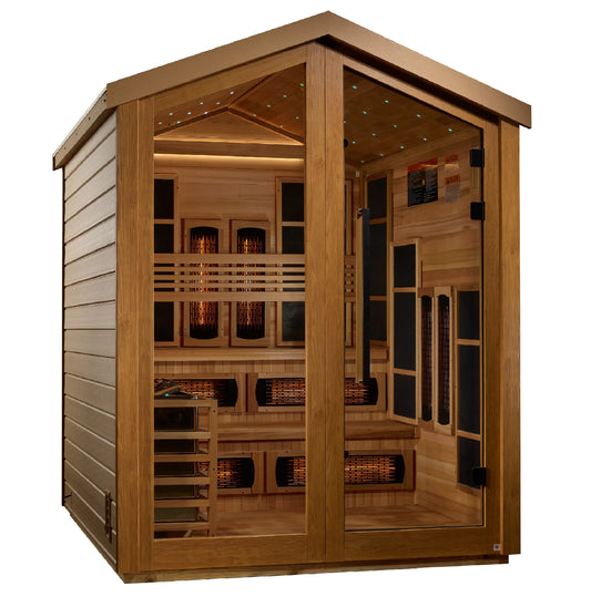 Golden Designs GDI-8526-01 Kaskinen 6 Person Hybrid (PureTech Full Spectrum IR or Traditional Stove) Outdoor Sauna - Canadian Red Cedar Interior (New)