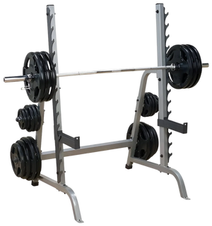 Body-Solid GPR370 Multi-Press Rack - Angled View with Weight Plates