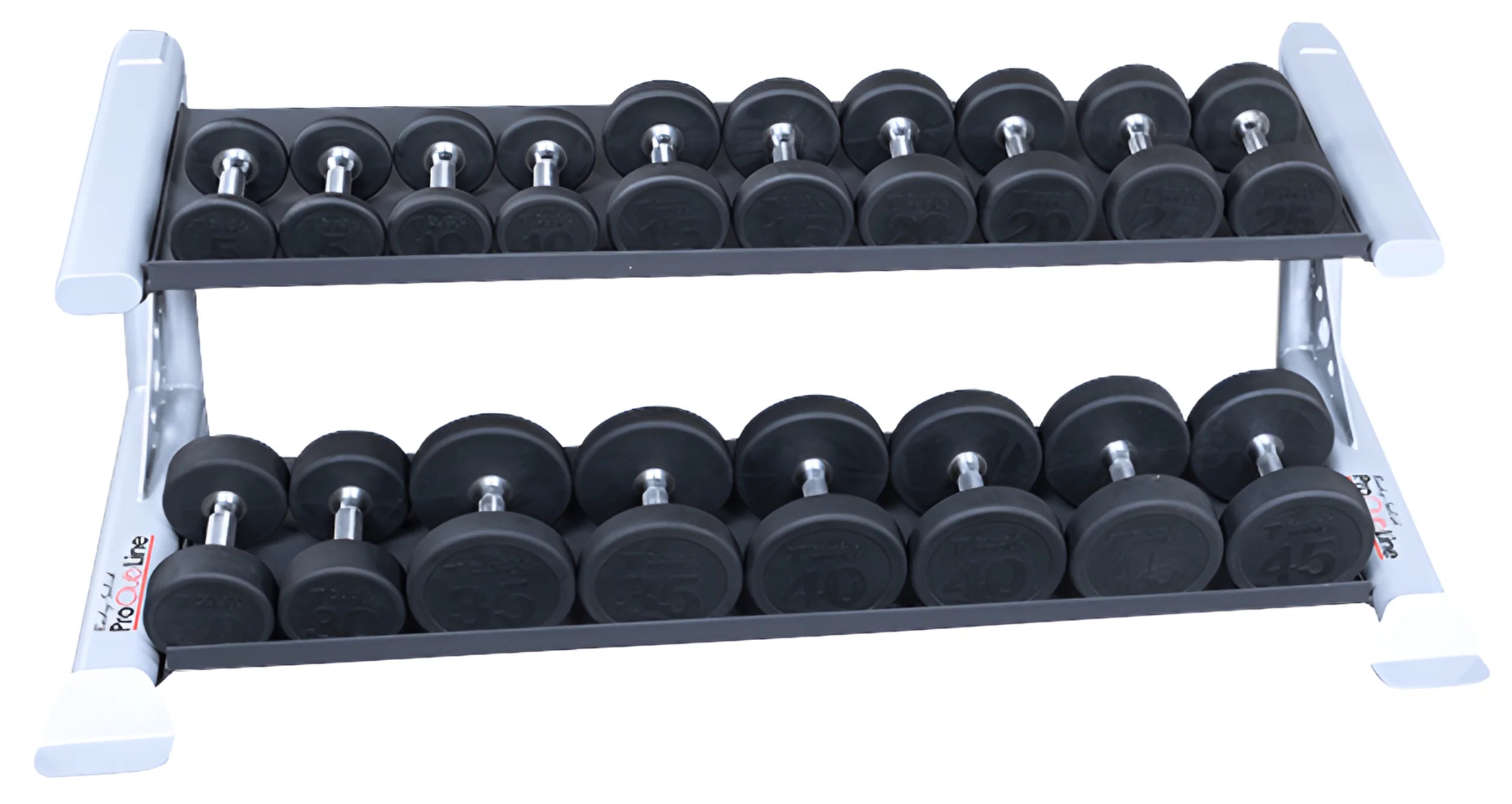 Body-Solid SDKR500DB 2-Tier PCL Dumbbell Rack - Front View with Dumbbells