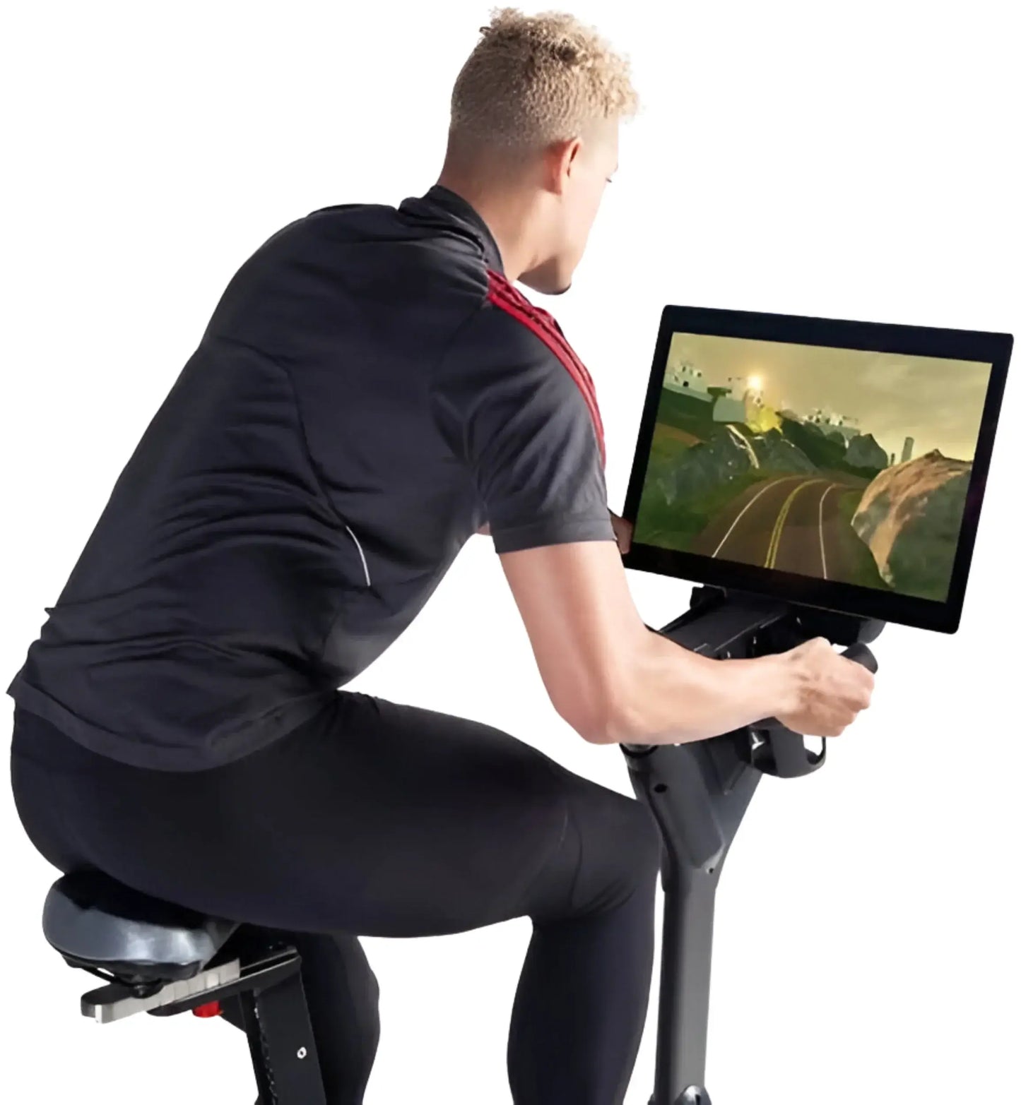 Expresso GO Upright Bike (Remanufactured) - Angled View with User