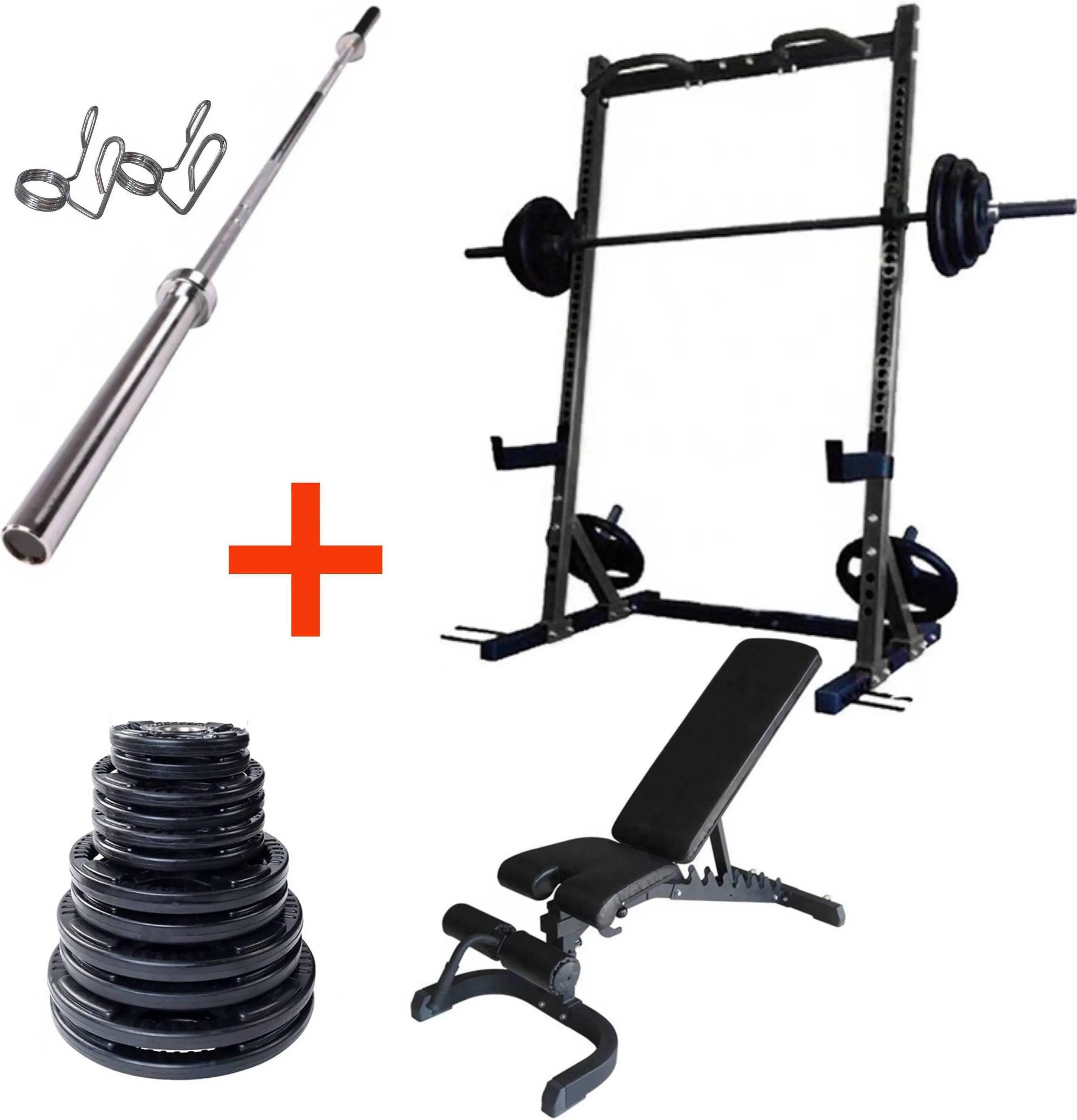 French Fitness Rubber Grip Weight Plate Set w/7 ft Bar 305 lbs + Rack + Bench (New)