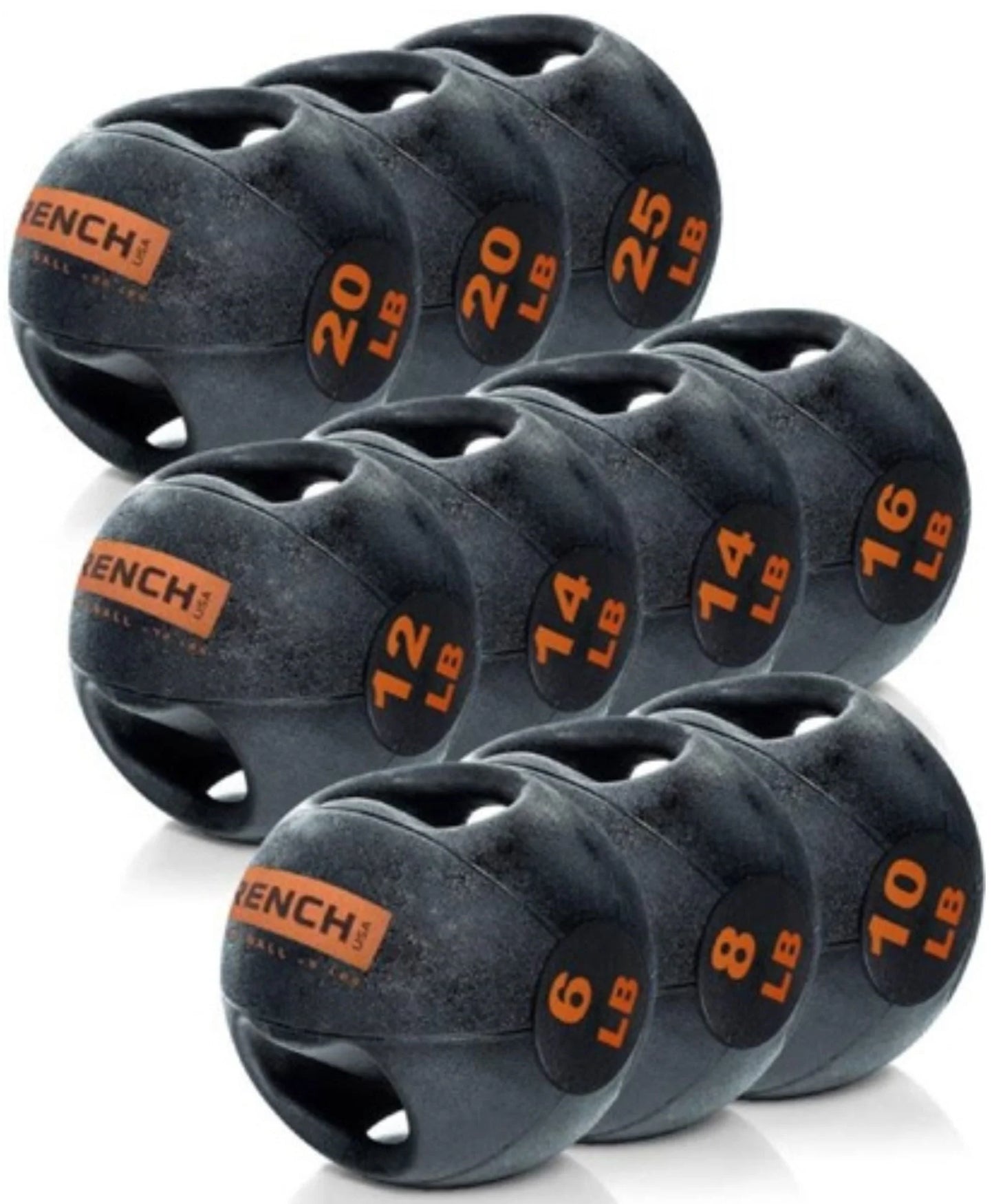 French Fitness Dual Grip Medicine Ball Set of 10 (6 to 25 lbs) w/Rack (New)