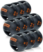 French Fitness Dual Grip Medicine Ball Set of 10 (6 to 25 lbs) w/Rack - Angled View