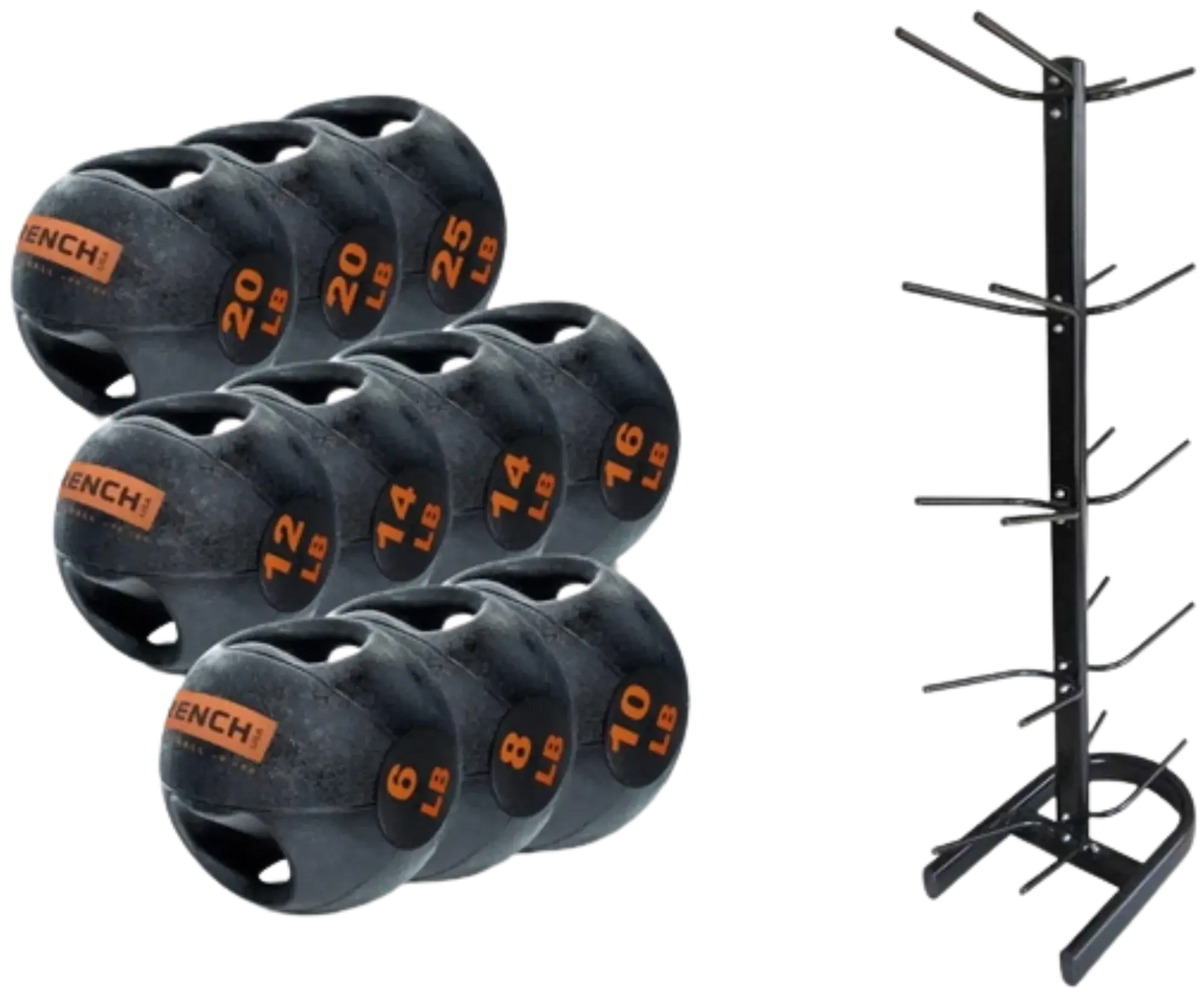 French Fitness Dual Grip Medicine Ball Set of 10 (6 to 25 lbs) w/Rack - Angled View