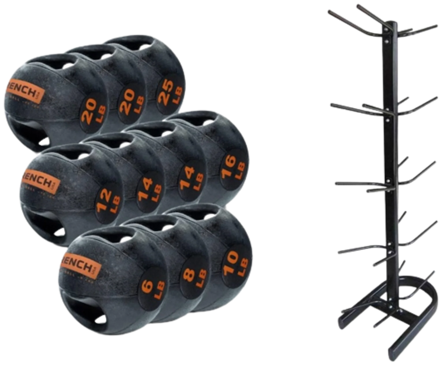 French Fitness Dual Grip Medicine Ball Set of 10 (6 to 25 lbs) w/Rack (New)