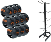 French Fitness Dual Grip Medicine Ball Set of 10 (6 to 25 lbs) w/Rack - Angled View