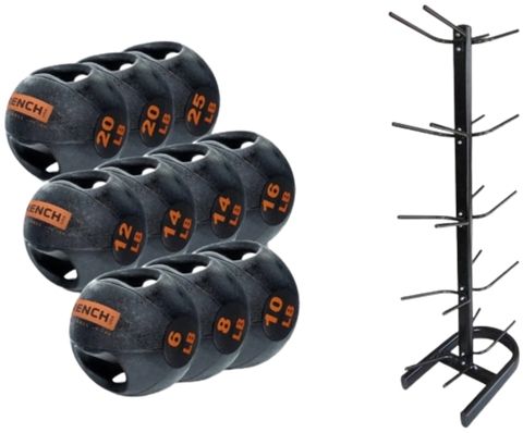 French Fitness Dual Grip Medicine Ball Set of 10 (6 to 25 lbs) w/Rack (New)