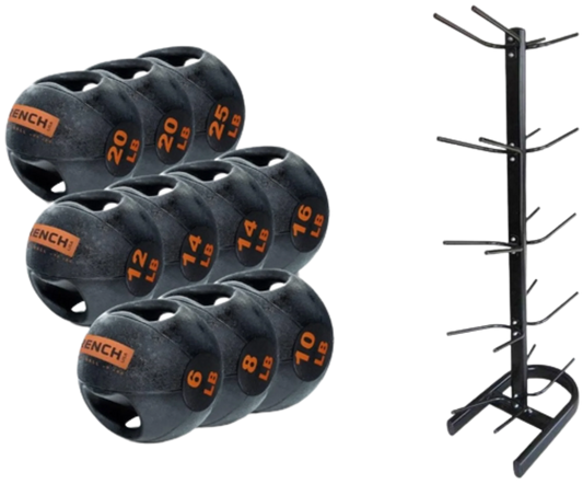 French Fitness Dual Grip Medicine Ball Set of 10 (6 to 25 lbs) w/Rack (New)