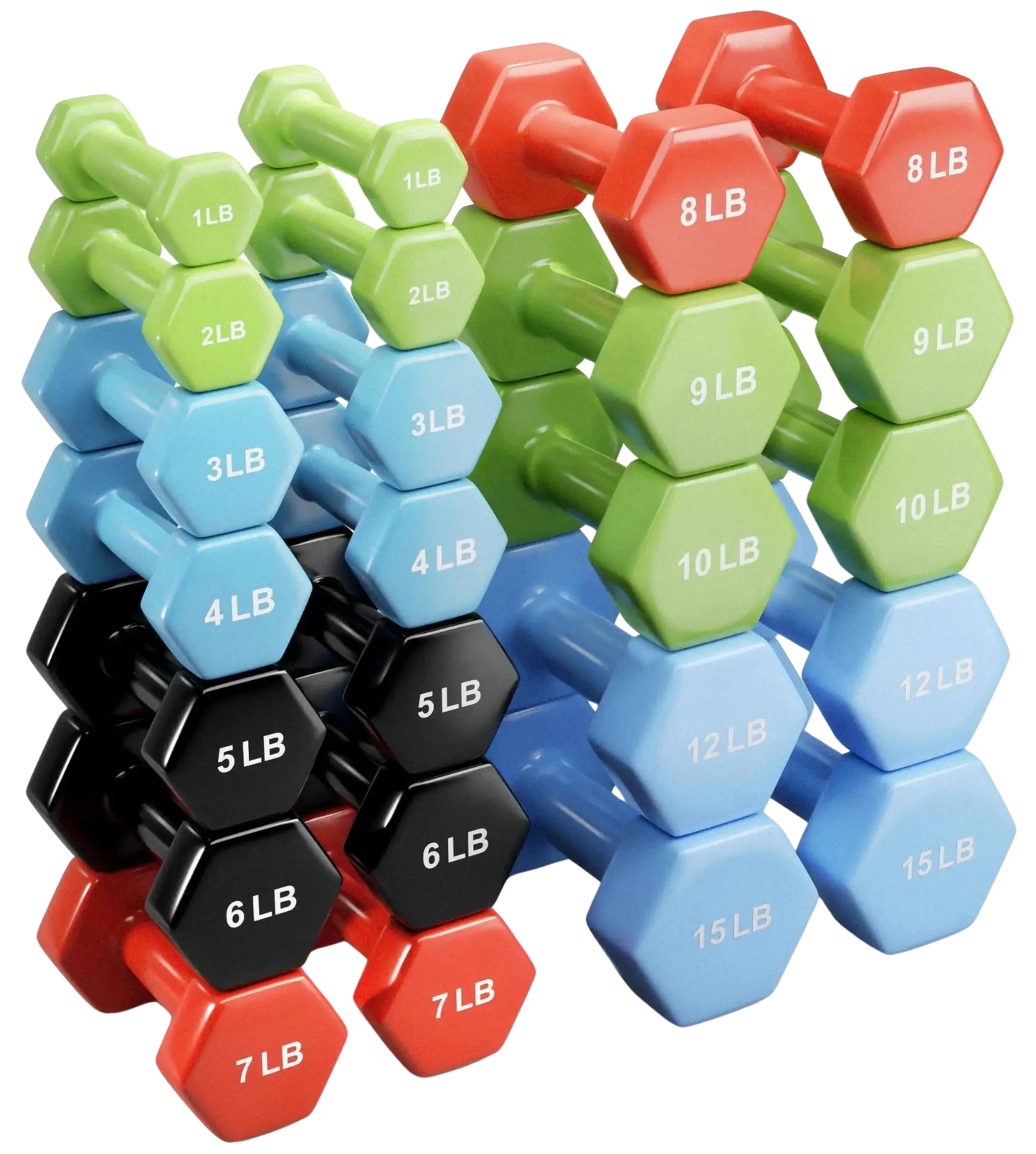 French Fitness Colorful Hex Vinyl Dumbbell Set of 1 to 15 lbs (New)