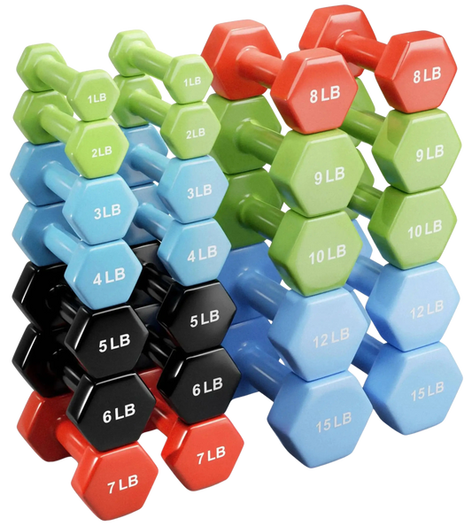 French Fitness Colorful Hex Vinyl Dumbbell Set of 1 to 15 lbs (New)