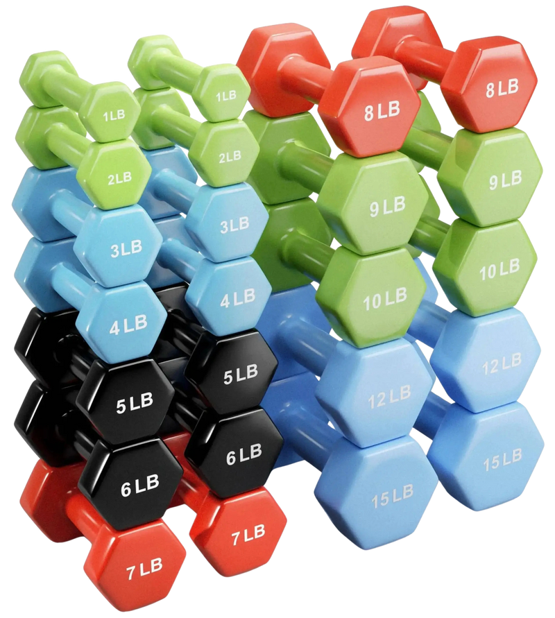 French Fitness Colorful Hex Vinyl Dumbbell Set of 1 to 15 lbs (New)