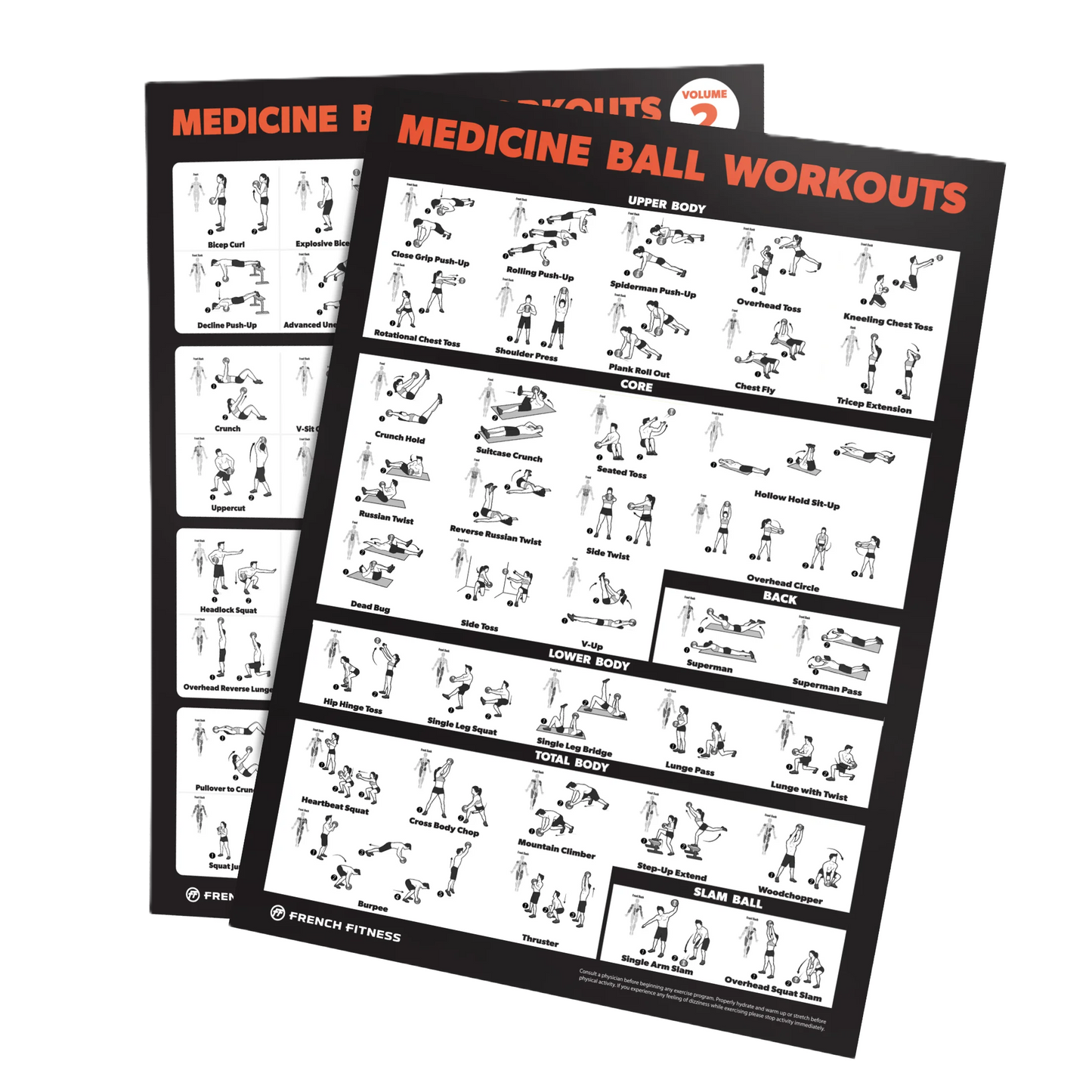 French Fitness Medicine Ball Workout Training Charts / Posters (New)