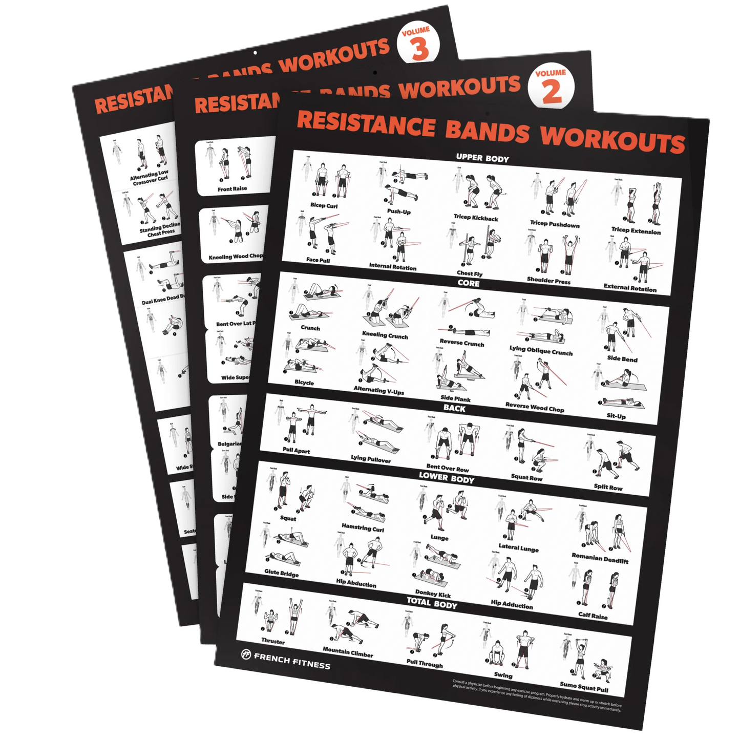 French Fitness Resistance Band Workout Training Charts / Posters (New)