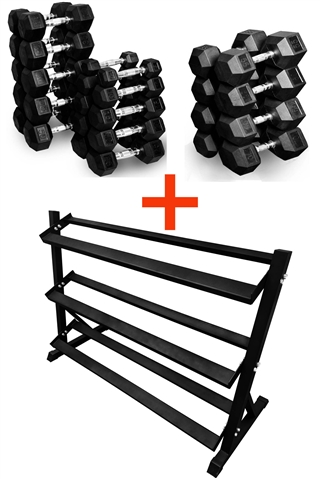 French Fitness Rubber Coated Hex Dumbbell Set 5-70 lbs w/Rack (New)